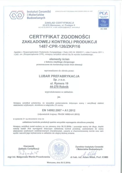 Potwierdzona jakość - Lubar Prefabrykacja