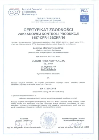 Potwierdzona jakość - Lubar Prefabrykacja