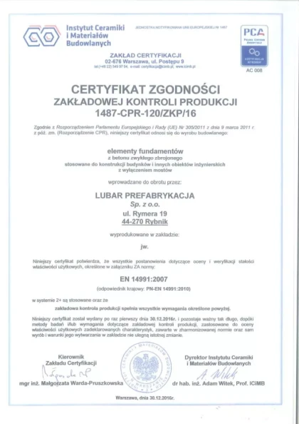 Potwierdzona jakość - Lubar Prefabrykacja