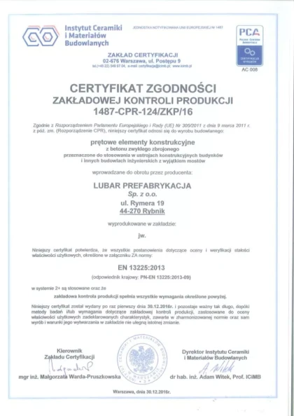 Potwierdzona jakość - Lubar Prefabrykacja