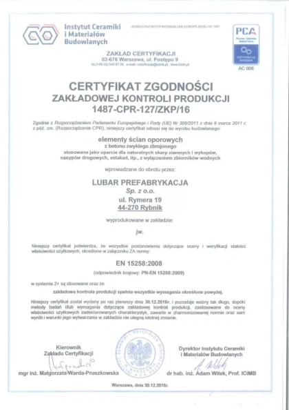 Potwierdzona jakość - Lubar Prefabrykacja