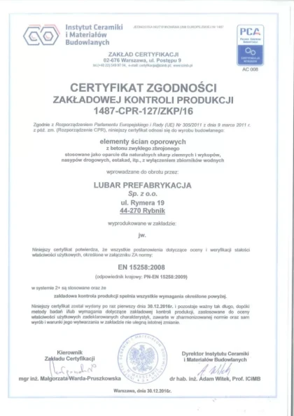 Potwierdzona jakość - Lubar Prefabrykacja