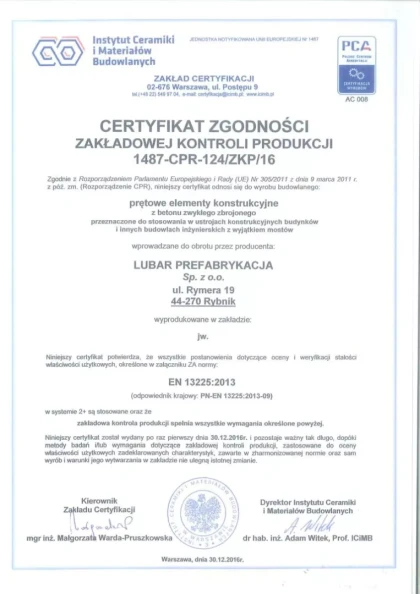 Potwierdzona jakość - Lubar Prefabrykacja